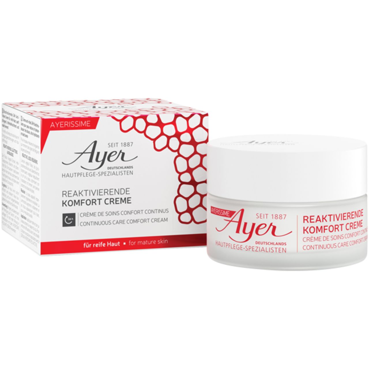 Pot de crème et boîte. Inscription : Ayer, Crème Confort Réactivante, pour peaux matures. Autocollant rouge 24H.