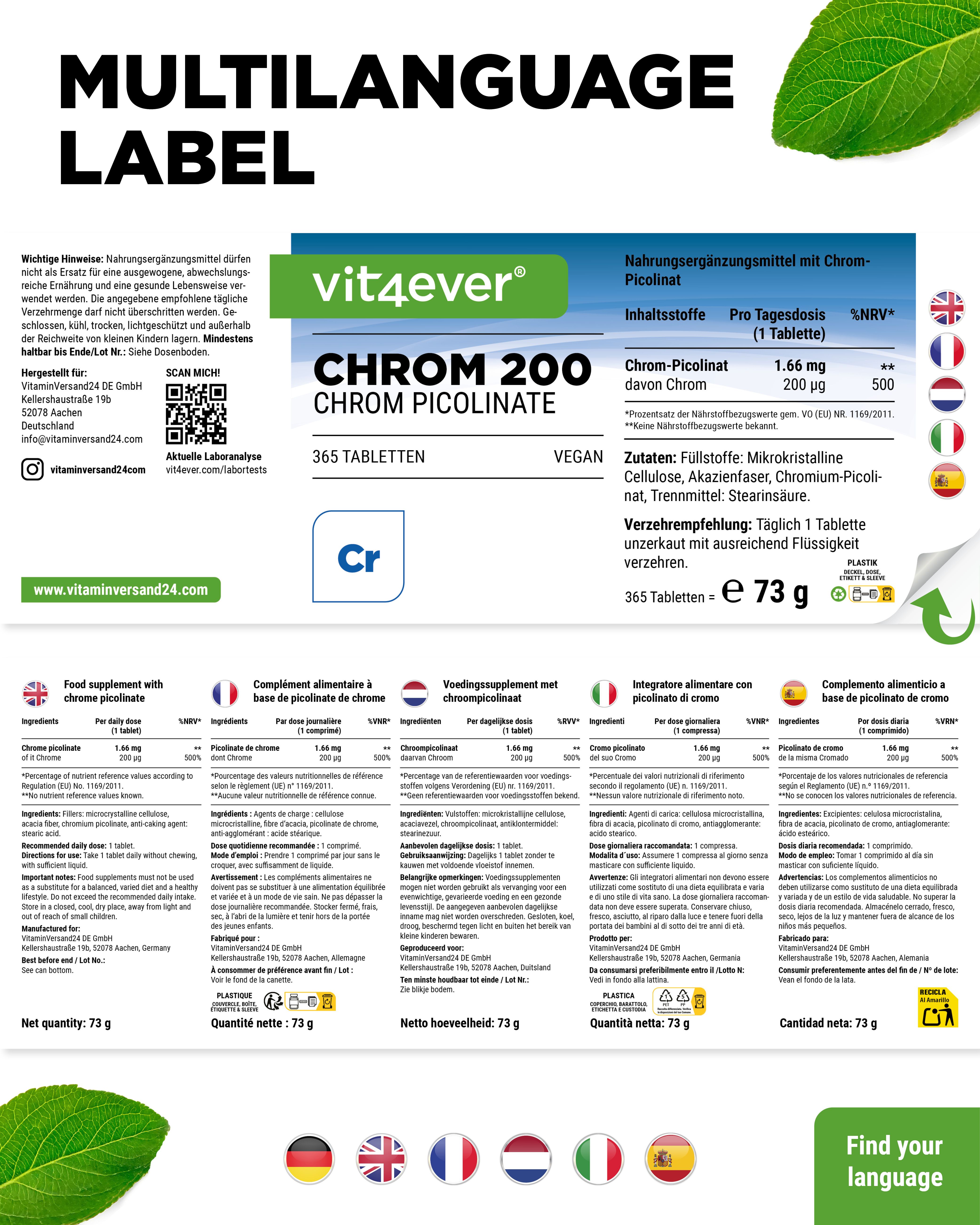 Vit4ever Chrome 200 Picolinate: Étiquettes multilingues, 365 comprimés, 200 mcg de chrome, poids net 73g.