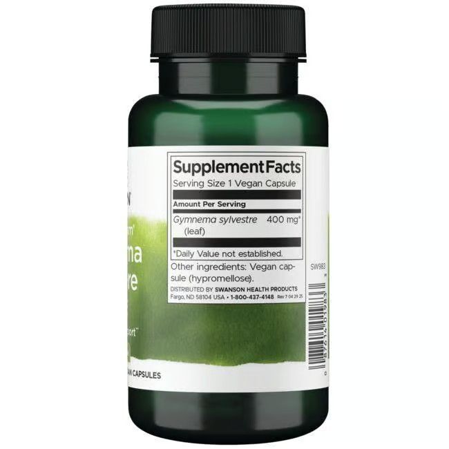 Dos du flacon vert. Inscription: Supplement Facts, Gymnema sylvestre 400 mg, capsule végétalienne (hypromellose).
