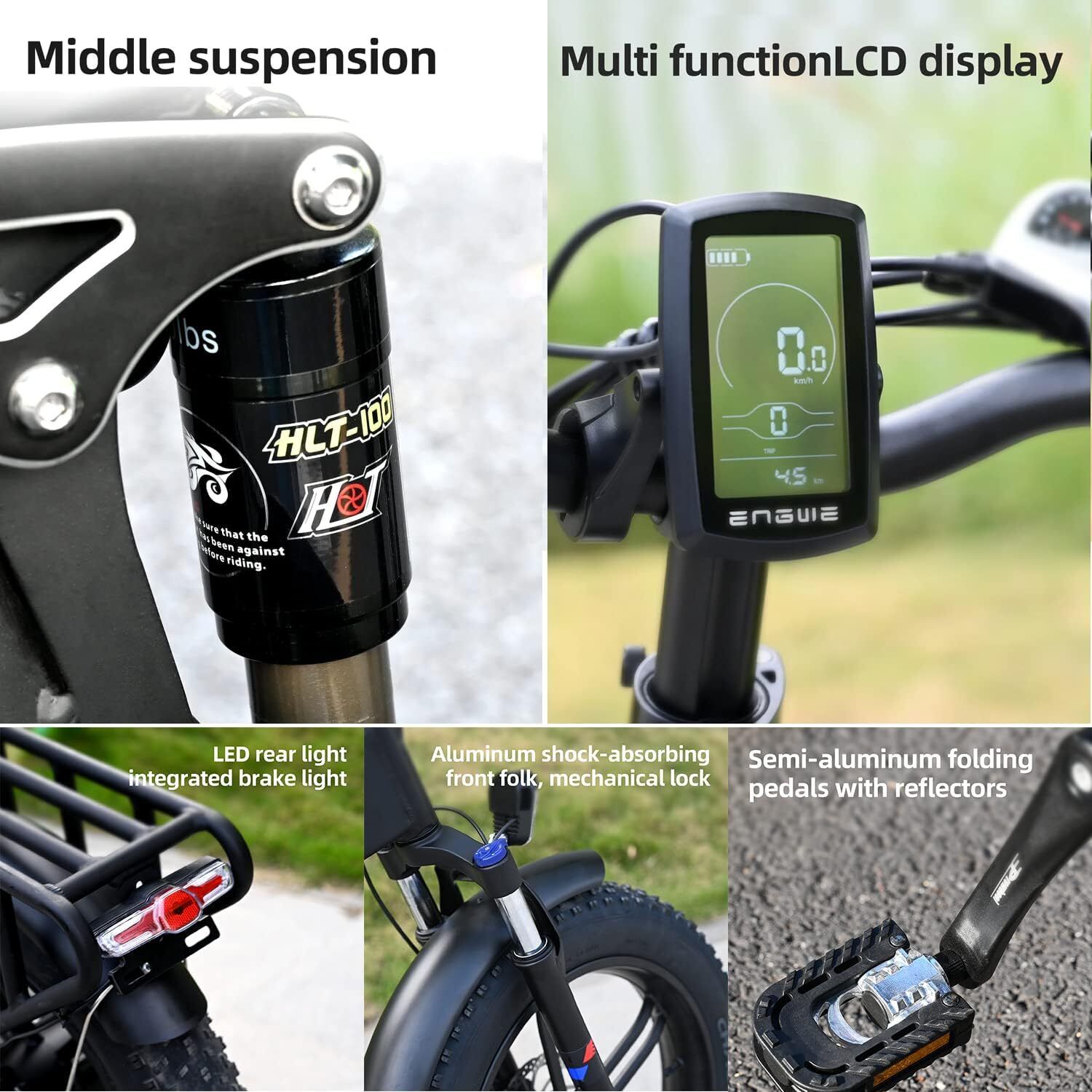 Gros plans de composants de vélo : suspension, écran LCD, feu arrière, fourche, pédales.
