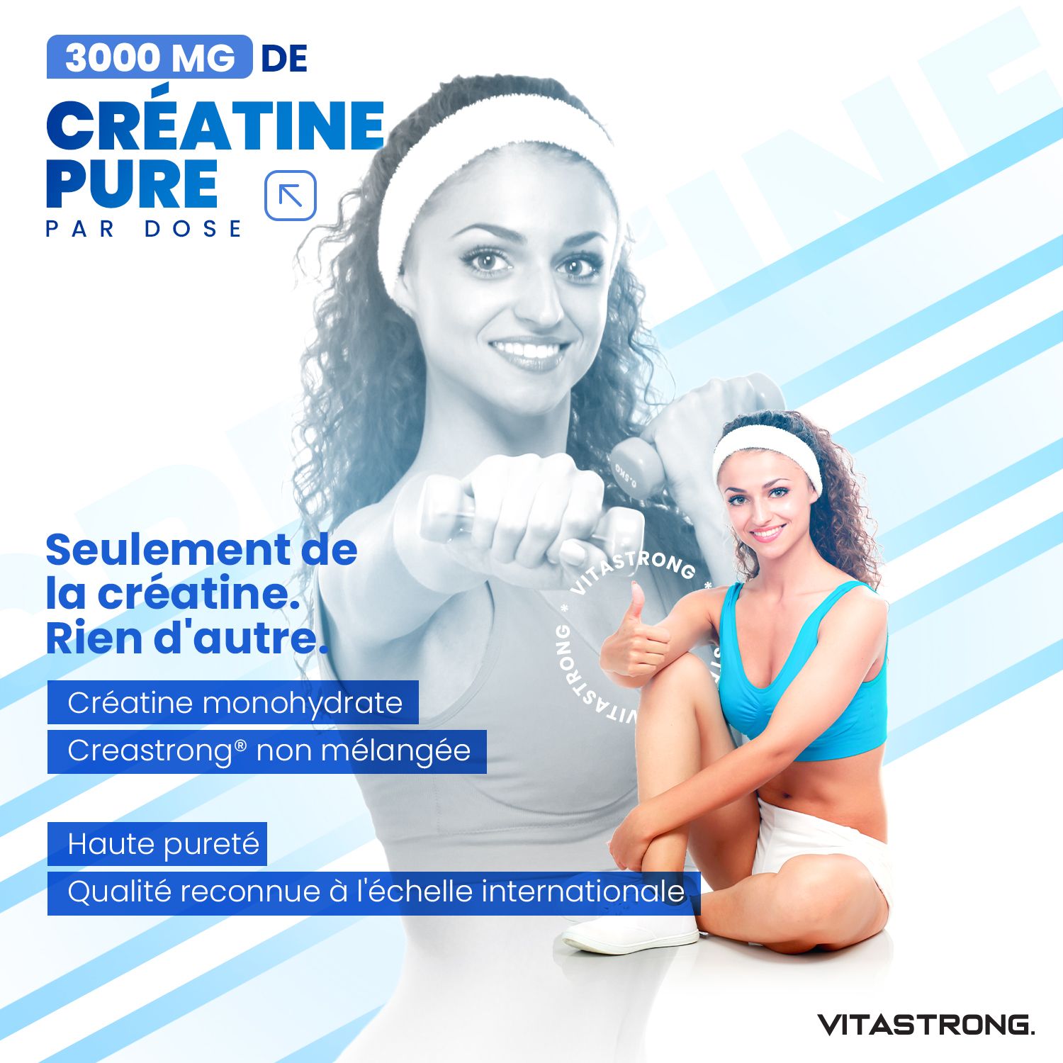 Vrouw met pot en halters. Tekst: 3000 MG CREATINE PURE. Alleen creatine. CreaStrong® ongemengd.