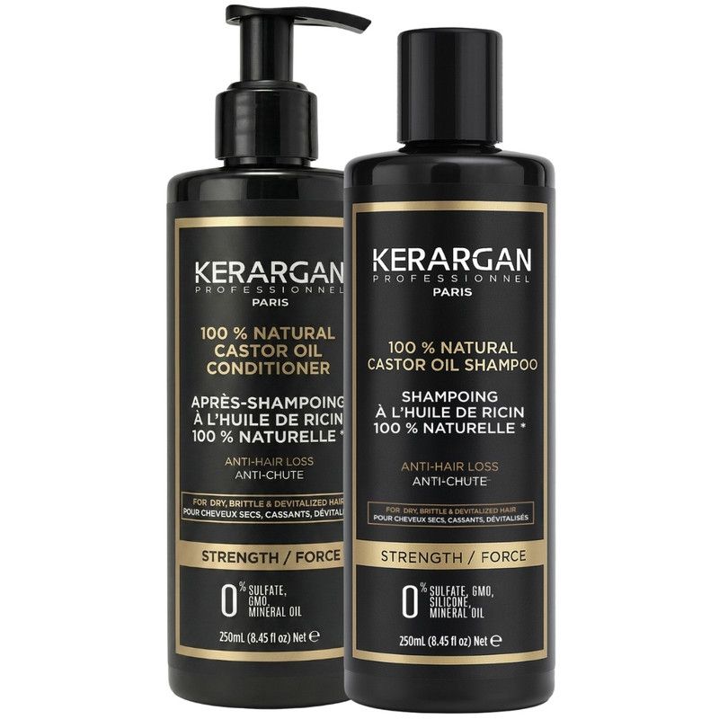 Twee zwarte flessen Kerargan shampoo en conditioner. Opschrift: 100% natuurlijke castorolie, anti-haaruitval, sterkte/kracht.