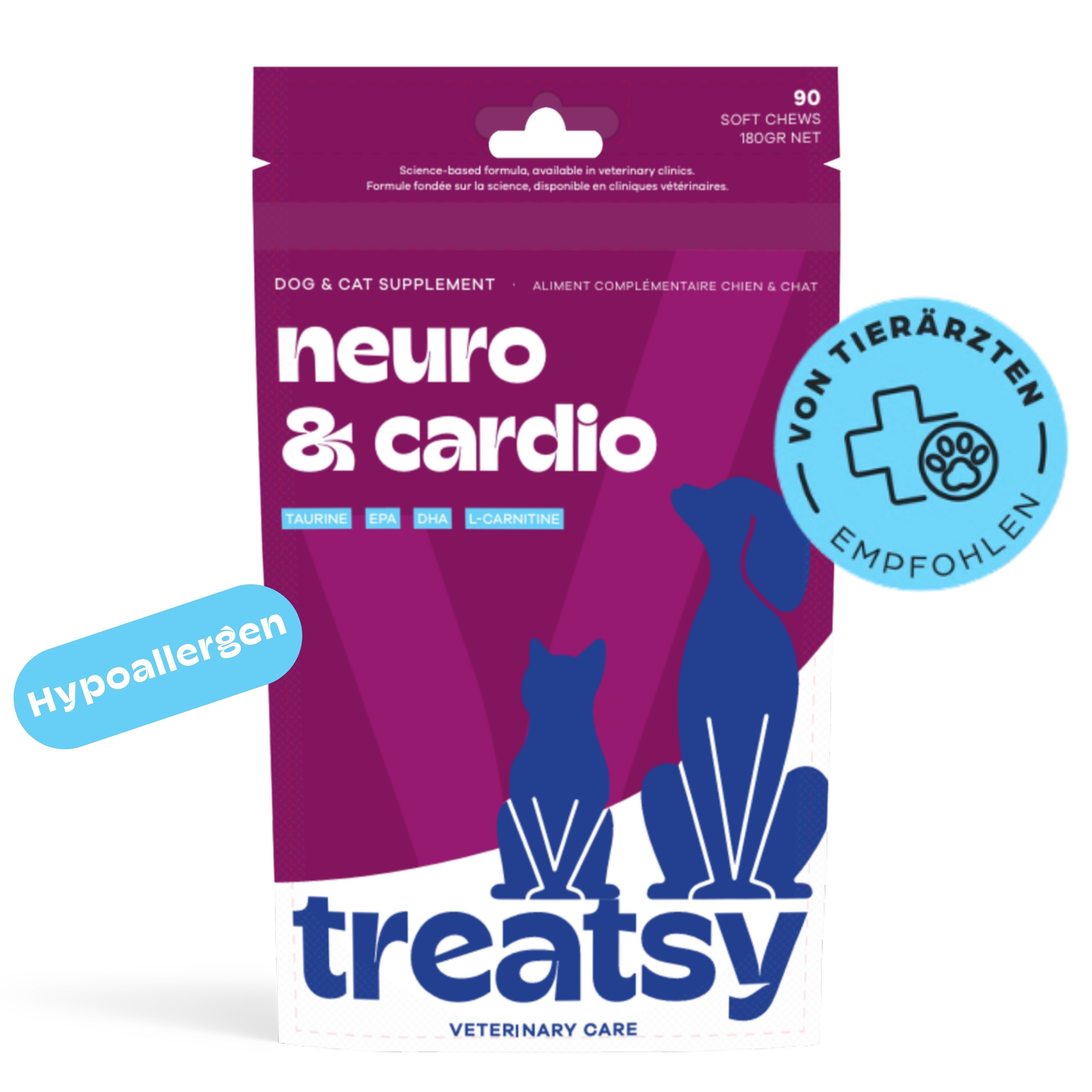 Voedingssupplement voor honden en katten. Verpakking met 90 Soft Chews. Merk Treatsy, tekst: Neuro & Cardio.