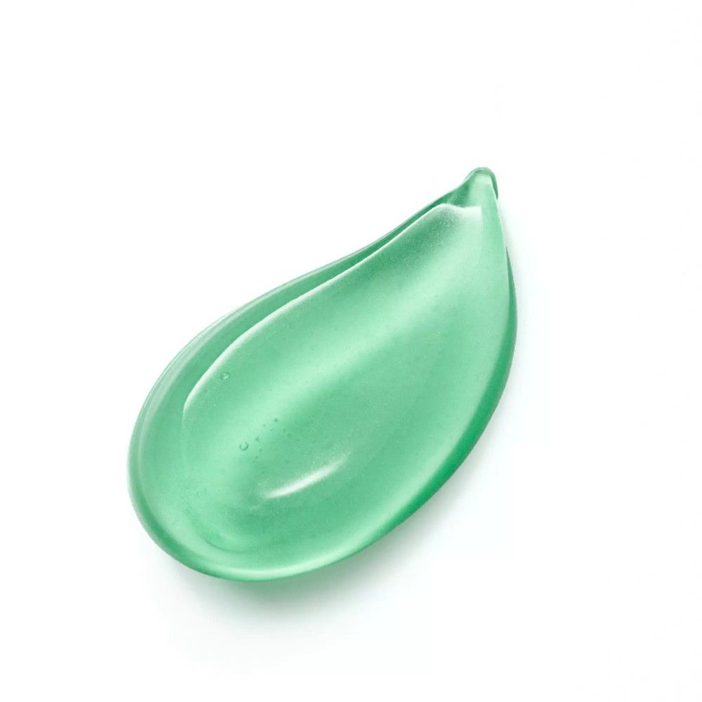 Gel vert, probablement base de fard à paupières Essence Jelly Grip, sur fond blanc. Forme en goutte.