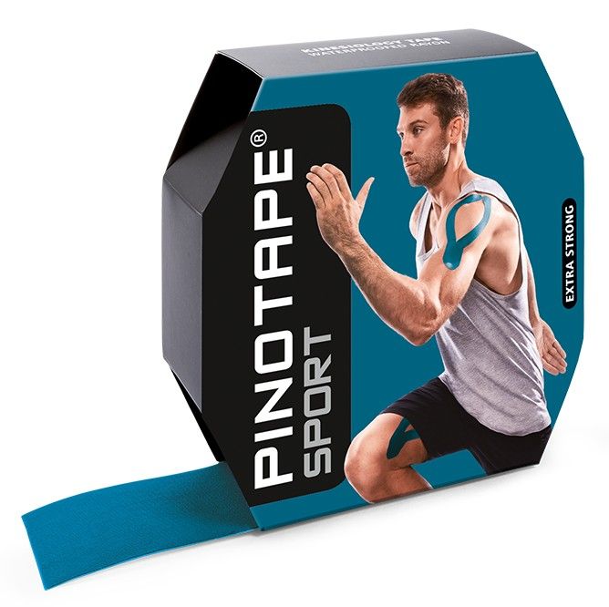 Ruban de sport bleu dans un emballage. L'emballage montre un homme faisant du sport. Inscription : PINOTAPE SPORT.