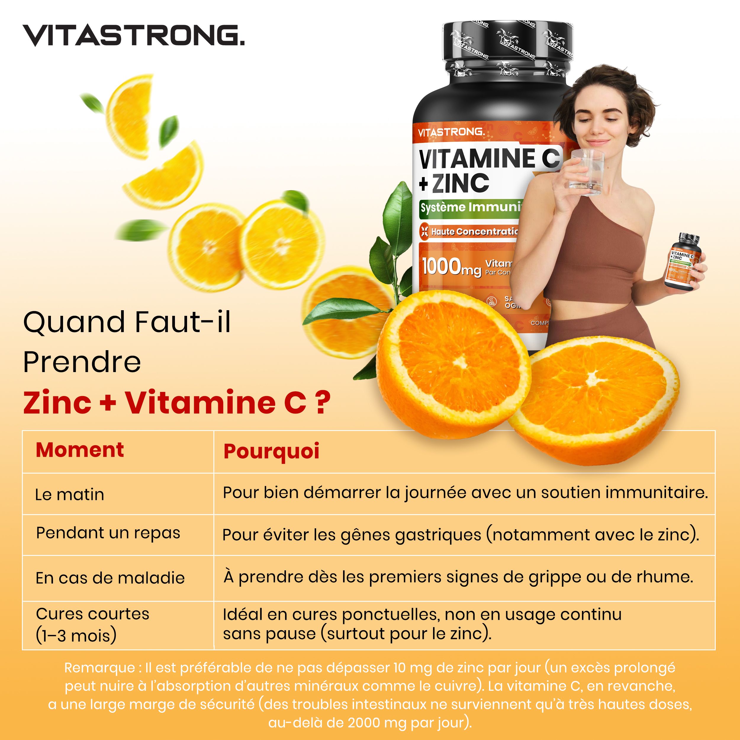 Vrouw met koptelefoon schrijft. Tekst over vitamine C en zink. Helderheid en energie.