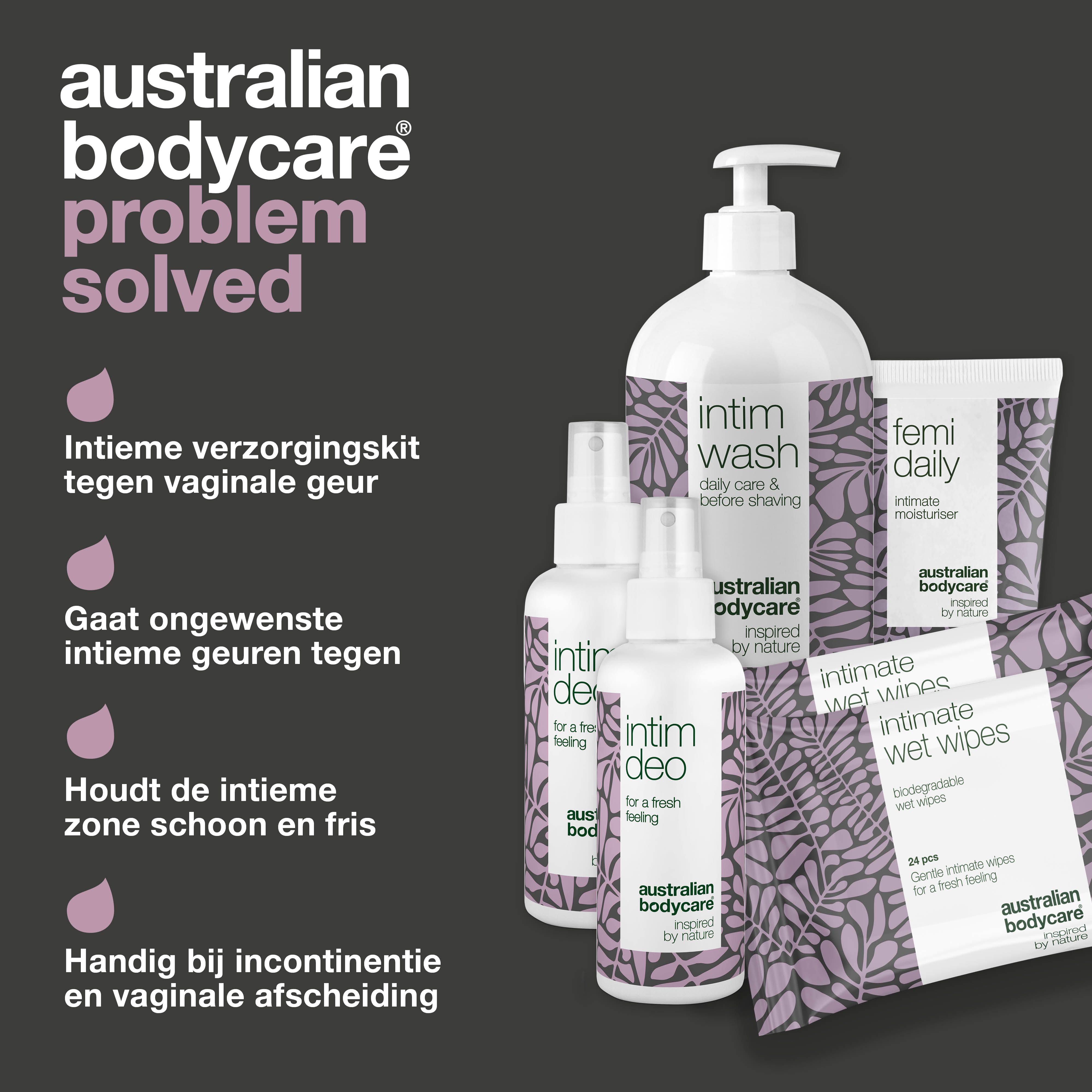 Productset met intieme verzorgingsproducten. Tekst: 'Australian Bodycare' en voordelen voor intieme verzorging.