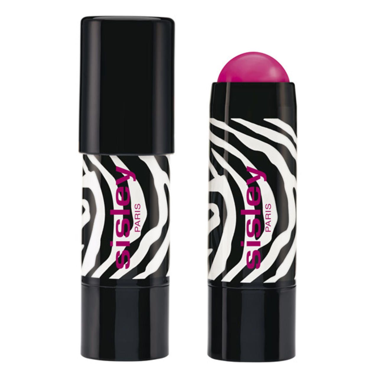Deux sticks de blush. Un avec pointe rose. Contenants noirs à motif zébré blanc et inscription rouge "sisley PARIS".