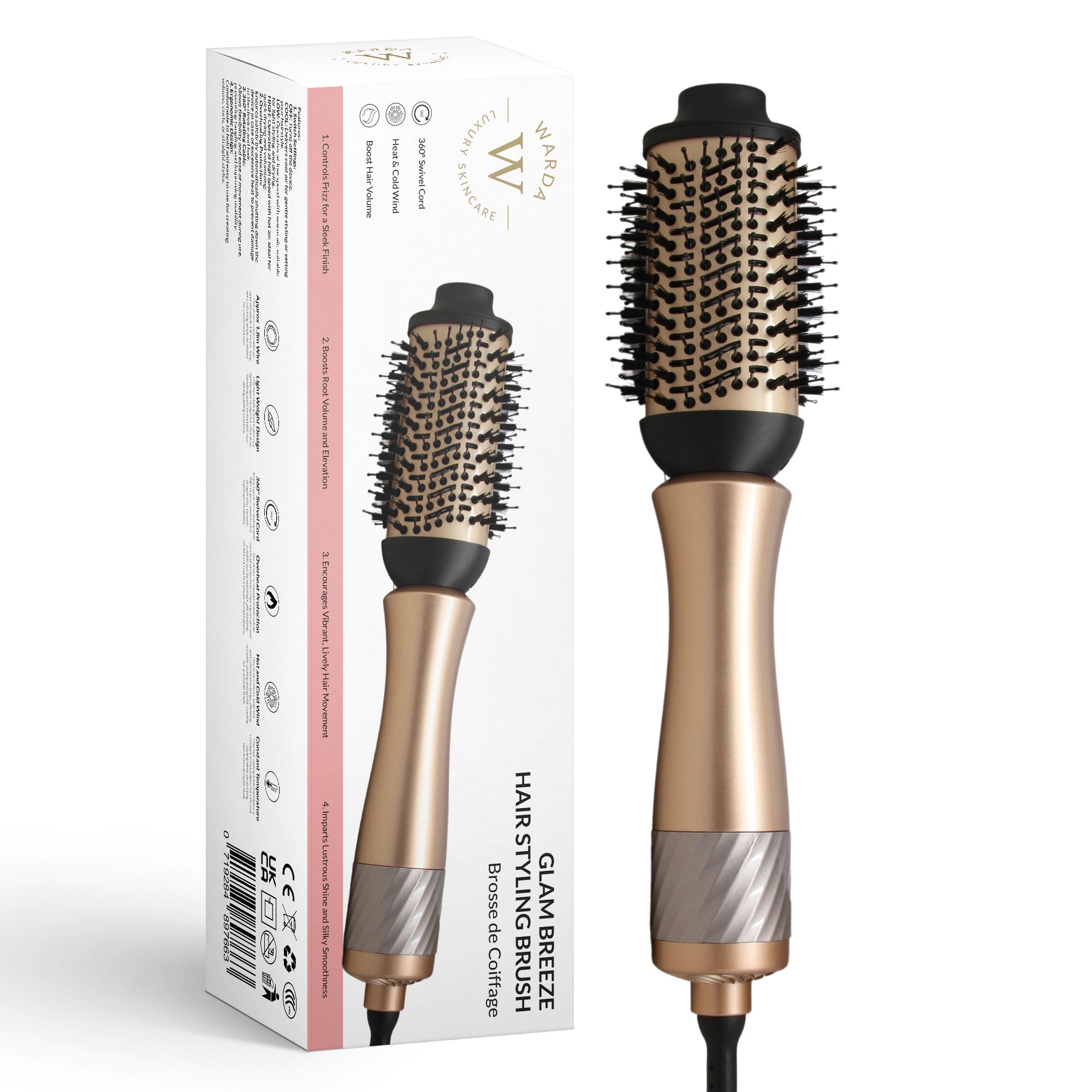 Haarstylingborstel met gouden handvat en zwarte borstelkop. Merk: Warda Skincare. Verpakking met productinformatie.