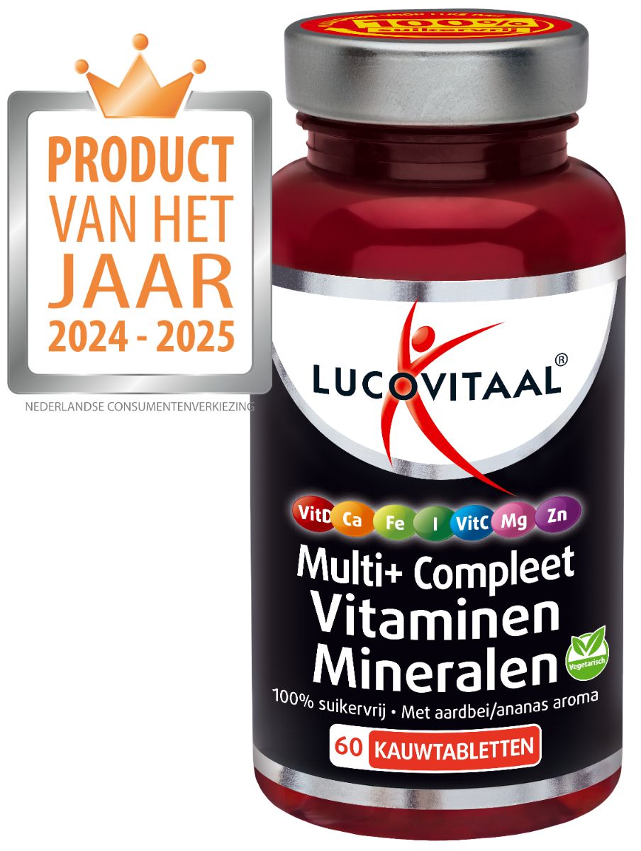 Rode fles met vitamine- en mineralentabletten. Opschrift: Lucovitaal Multi+ Compleet Vitaminen Mineralen. 60 kauwtabletten.