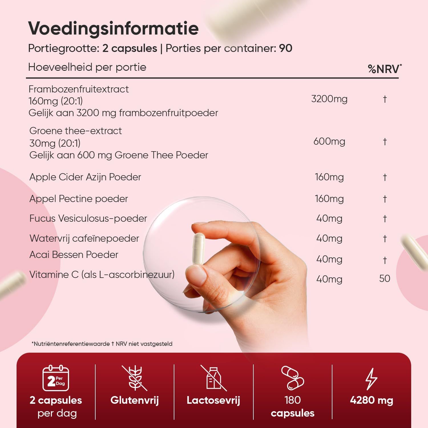 Fles Framboos Keton Plus met voedingsinformatie: 2 capsules per portie, 90 porties. Bevat frambozenextract, groene thee, appelciderazijn, Acai, Vitamine C.