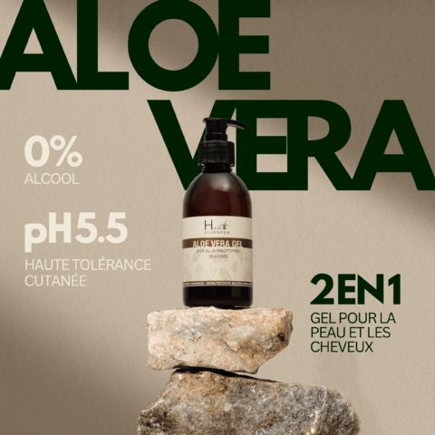 Flacon brun sur pierres. Texte : 0% alcool, pH5.5, gel 2en1 pour peau et cheveux.