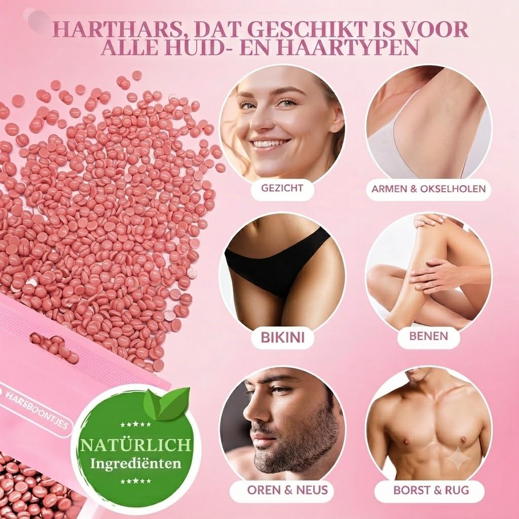 Roze waxparels en toepassingsgebieden: gezicht, oksels, bikinilijn, benen, neus, borst en rug.