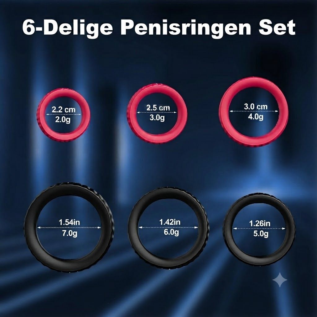Set van zes rode en zwarte penisseringen met afmetingen: 2.2cm, 2.5cm, 3.0cm en 1.26in, 1.42in, 1.54in.