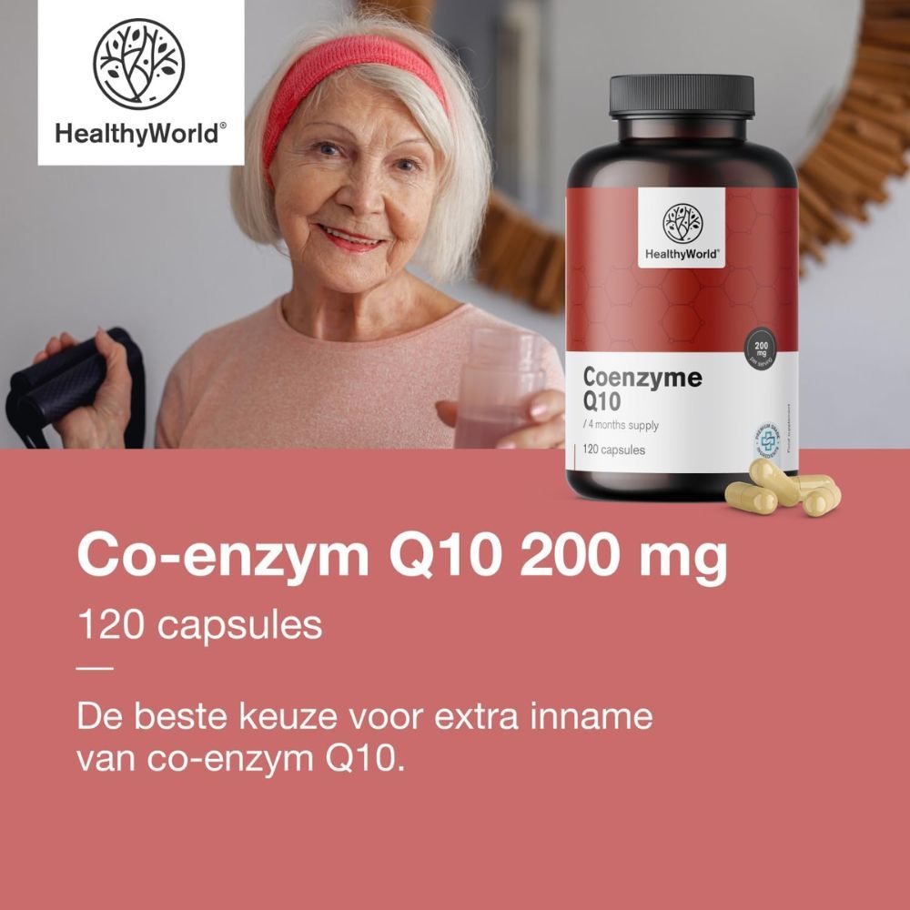 Fles met tekst: HealthyWorld, Co-enzym Q10, 200 mg, 120 capsules. Tekst: Aanbevolen dagelijkse dosis: 1 capsule.