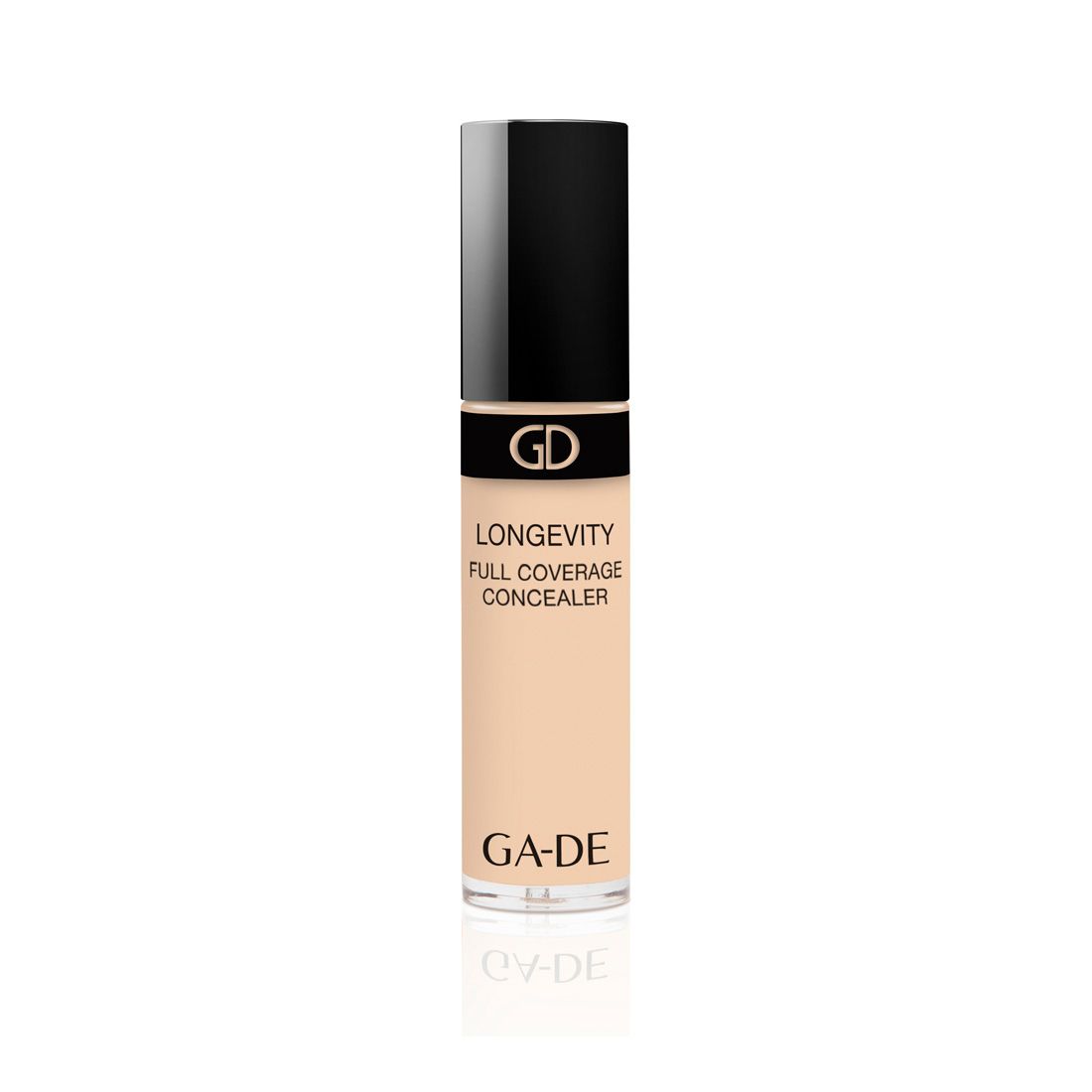 Correcteur Ga-De Longevity Full Coverage. Tube beige avec bouchon noir. Inscriptions: GD, Longevity, Full Coverage Concealer, GA-DE.