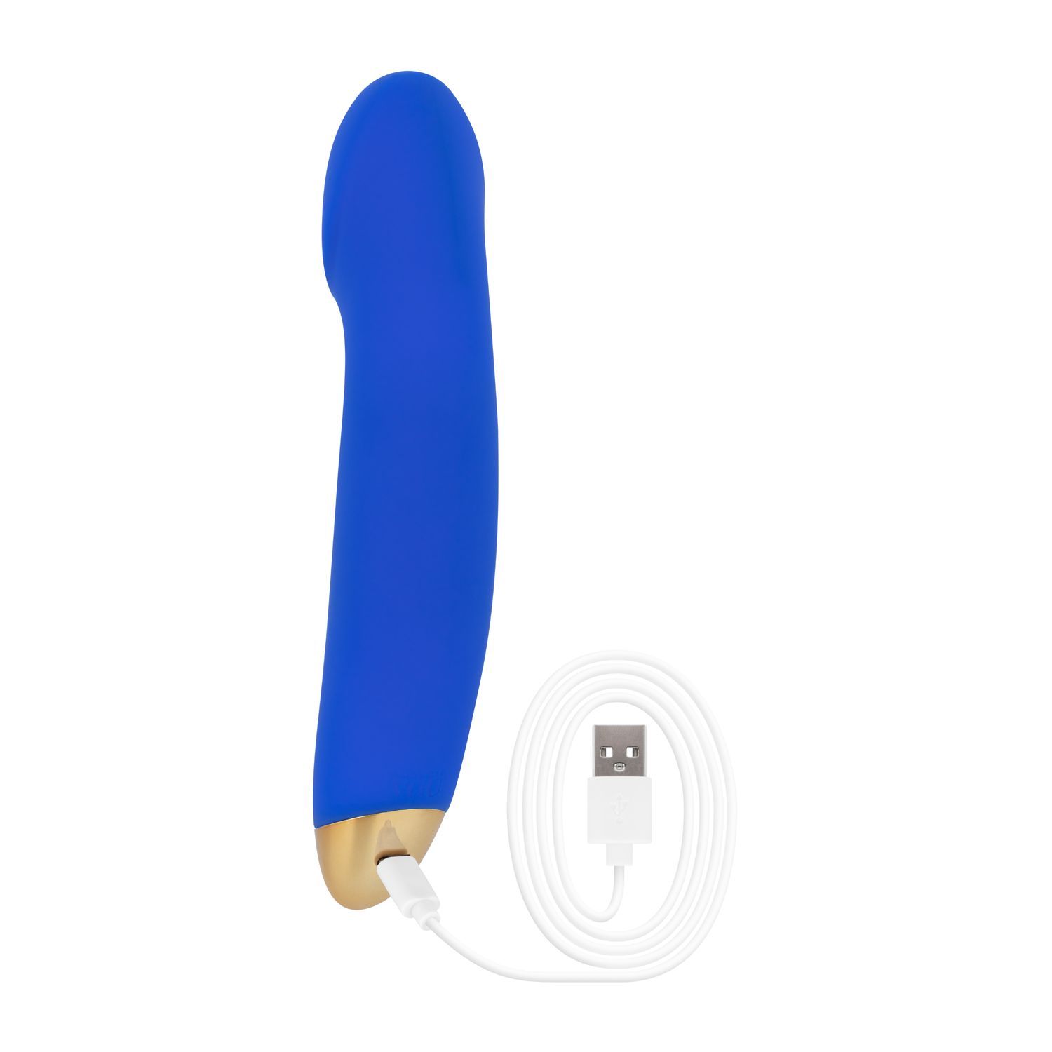 Vibrateur bleu avec câble de chargement. Extrémité dorée. Sur fond blanc.