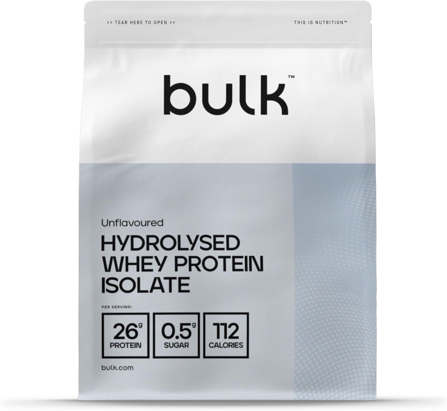 Witte verpakking met "bulk" logo. Tekst: "Unflavoured Hydrolysed Whey Protein Isolate". Informatie over eiwit, suiker en calorieën.