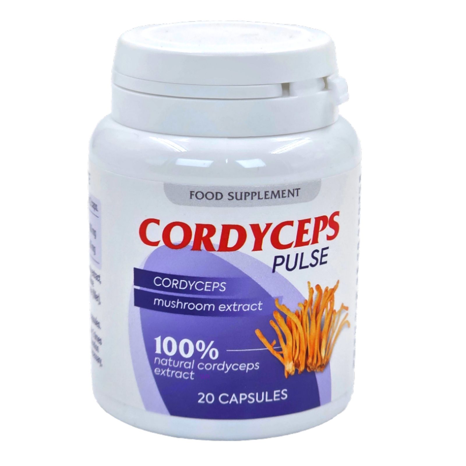 Flacon blanc avec étiquette rouge et bleue. Inscription : Cordyceps Pulse, extrait de cordyceps naturel à 100 %, 20 gélules.