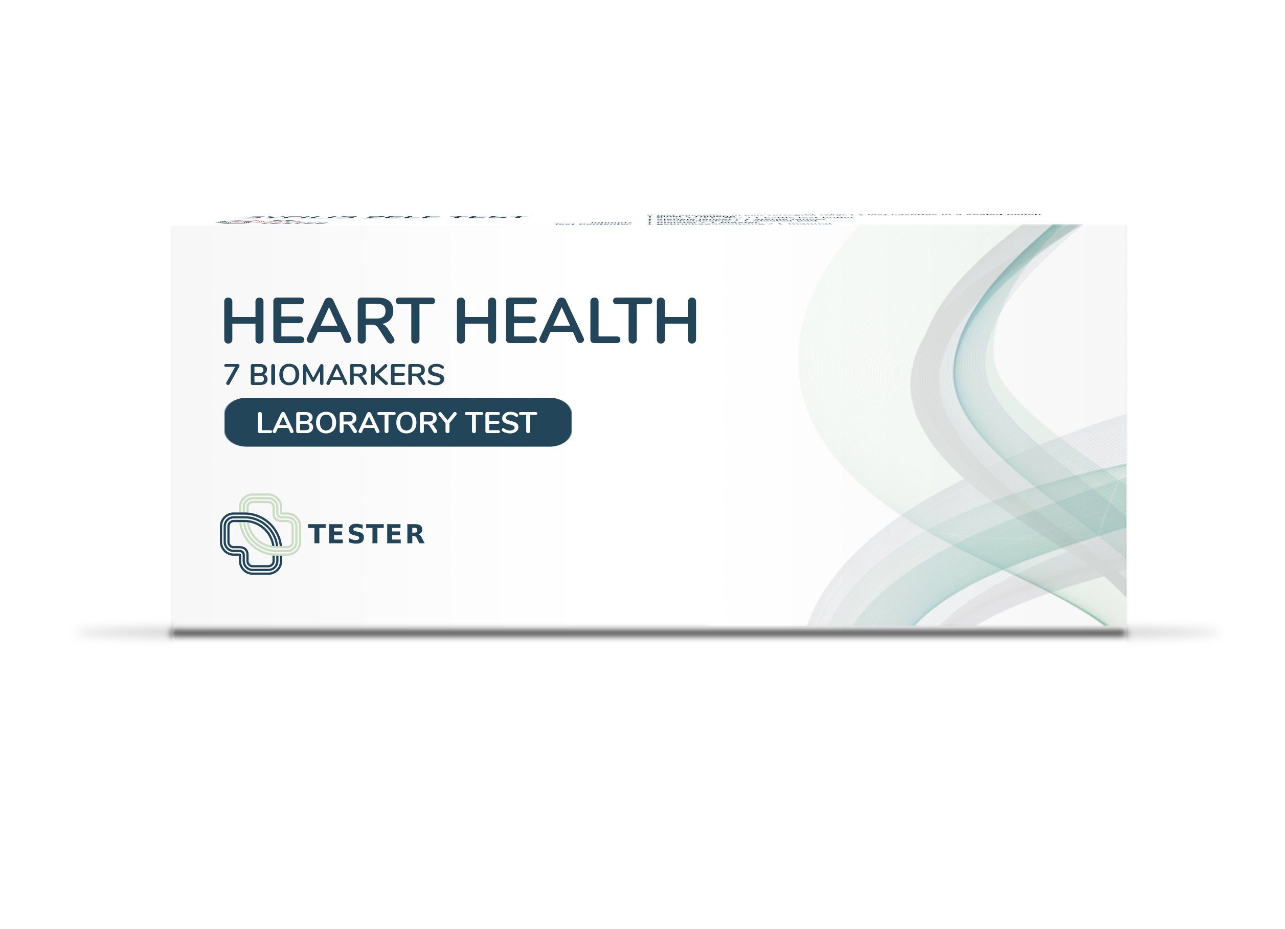 Boîte blanche avec texte HEART HEALTH, 7 BIOMARKERS, LABORATORY TEST et TESTER. Motif de vagues vertes.