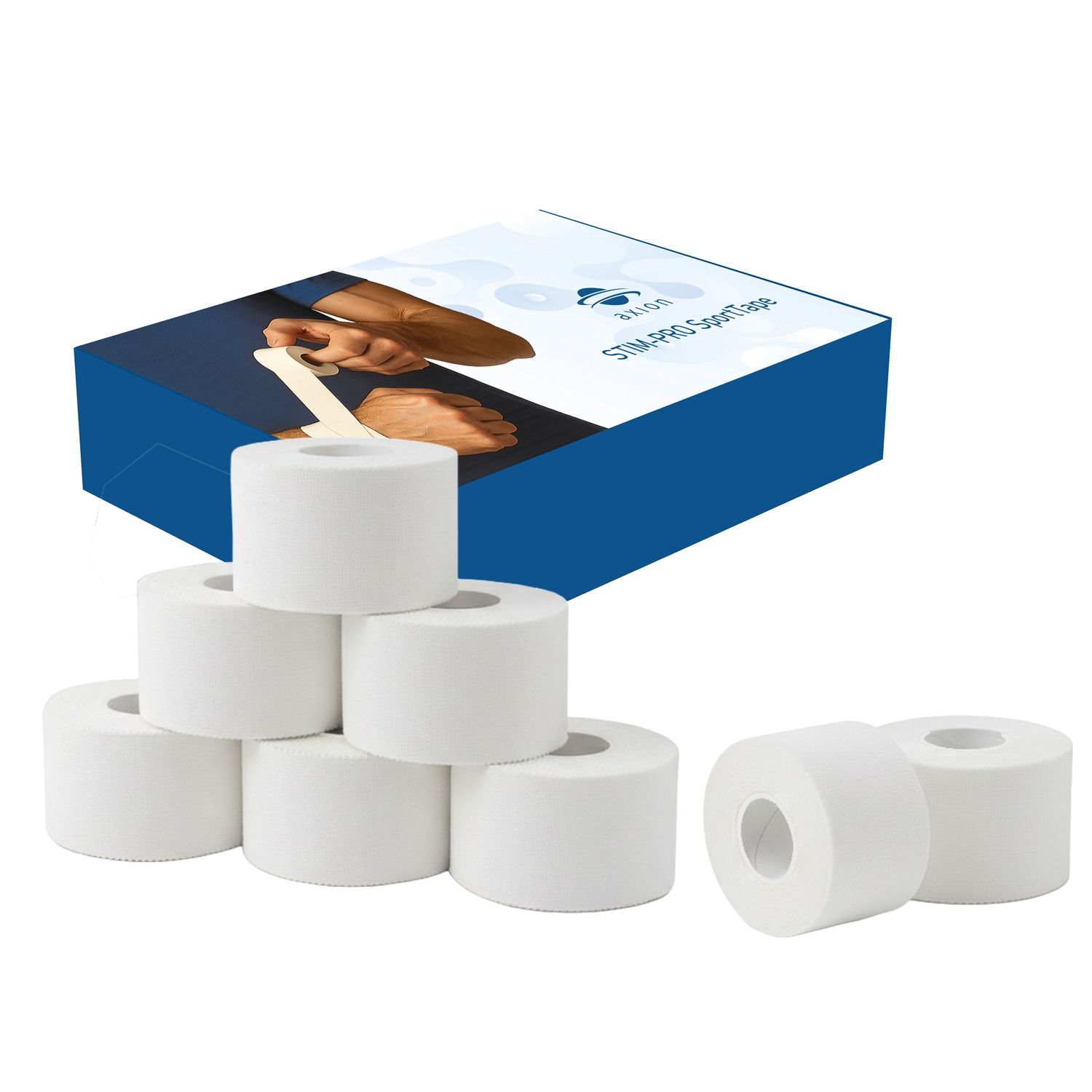 Acht rollen witte sporttape. Blauwe verpakking met productnaam en logo. Opdruk toont toepassing.