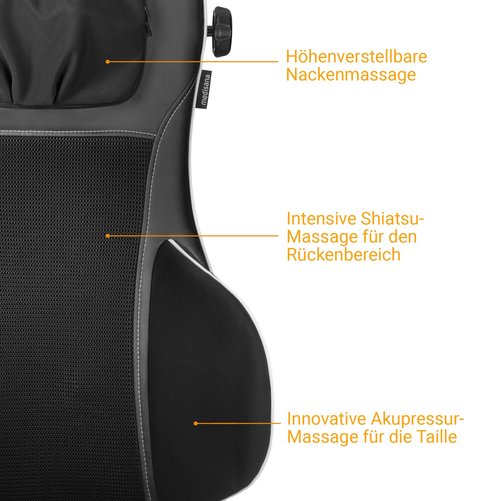 Gedetailleerd zicht op de massagemat: in hoogte verstelbare nekmassage, intensieve Shiatsu rugmassage, acupressuur voor de taille.