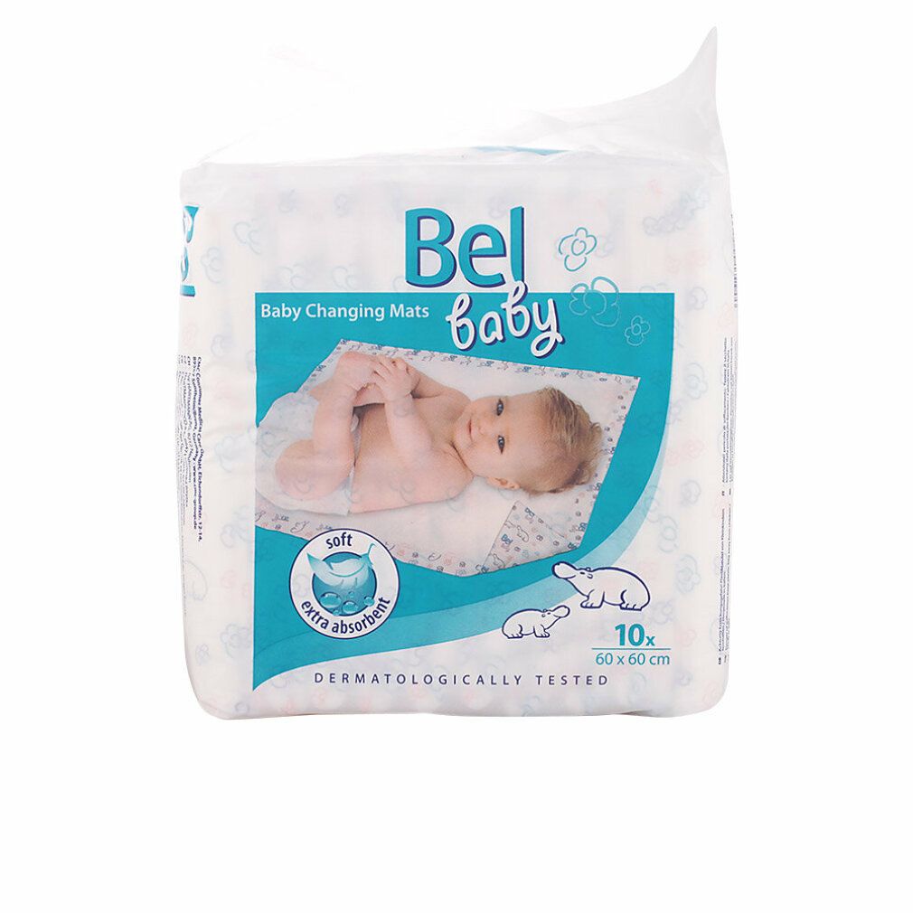 Verpakking Bel Baby aankleedkussens. Tien stuks, 60x60cm. Zacht en extra absorberend. Dermatologisch getest. Baby op de verpakking.