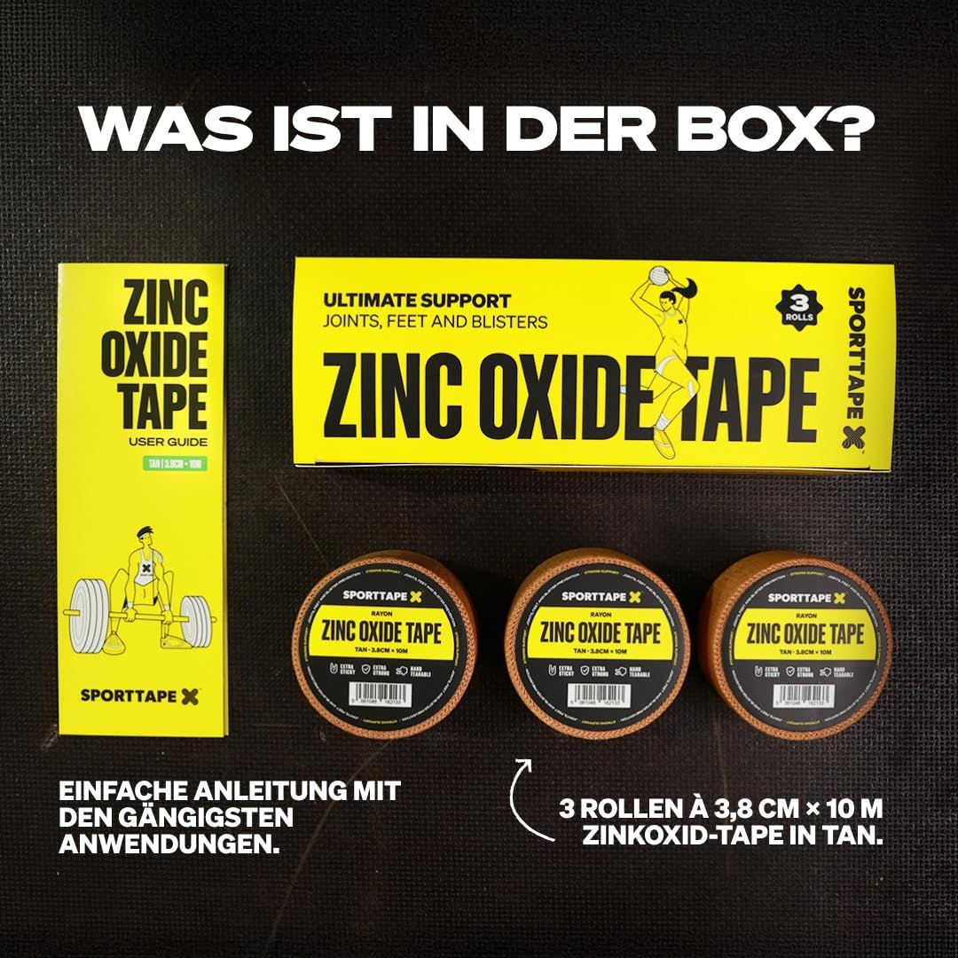 Emballage et contenu : ruban SPORTTAPE à l'oxyde de zinc, guide de l'utilisateur.