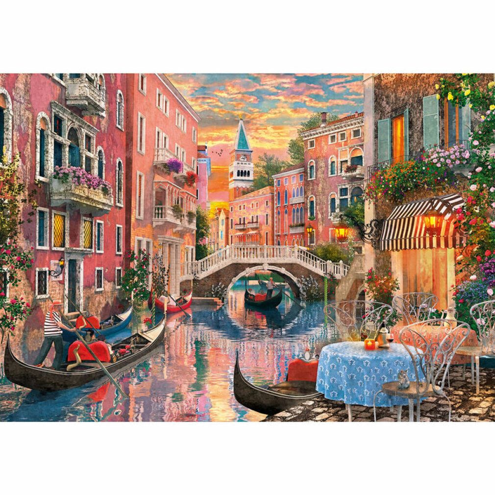 Puzzel met Venetië-afbeelding. Gondels, brug, gebouwen. Zonsonderganghemel. Clementoni-logo zichtbaar.