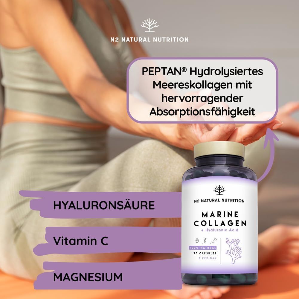 Fles met capsules. Tekst: Marine Collagen + Hyaluronic Acid. Extra ingrediënten.