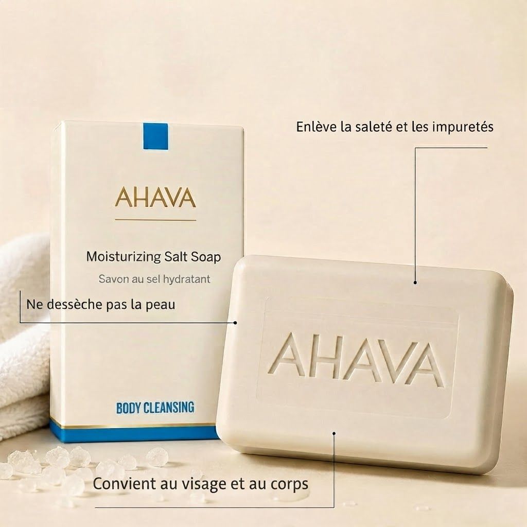 Savon au sel hydratant AHAVA, blanc, rectangulaire. Boîte en carton à côté.
