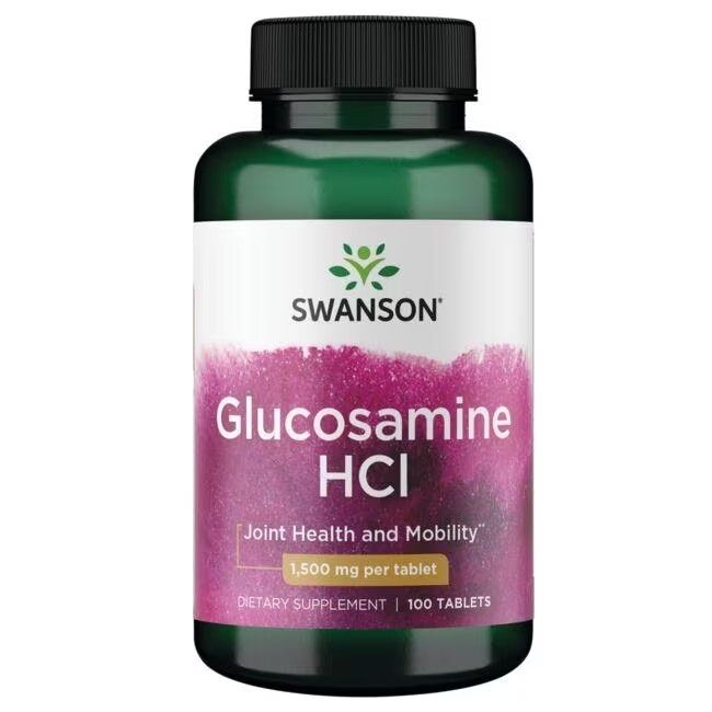 Flacon vert avec bouchon noir. Inscription: SWANSON, Glucosamine HCI, 1 500 mg par comprimé. 100 comprimés.