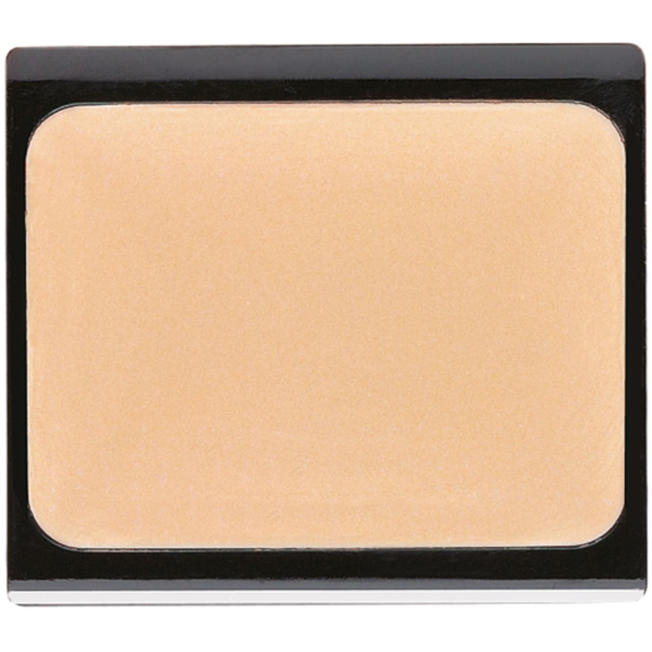 Compacte make-up in rechthoekige doos. Lichtbeige crème. Zwarte rand, zilveren omlijsting.