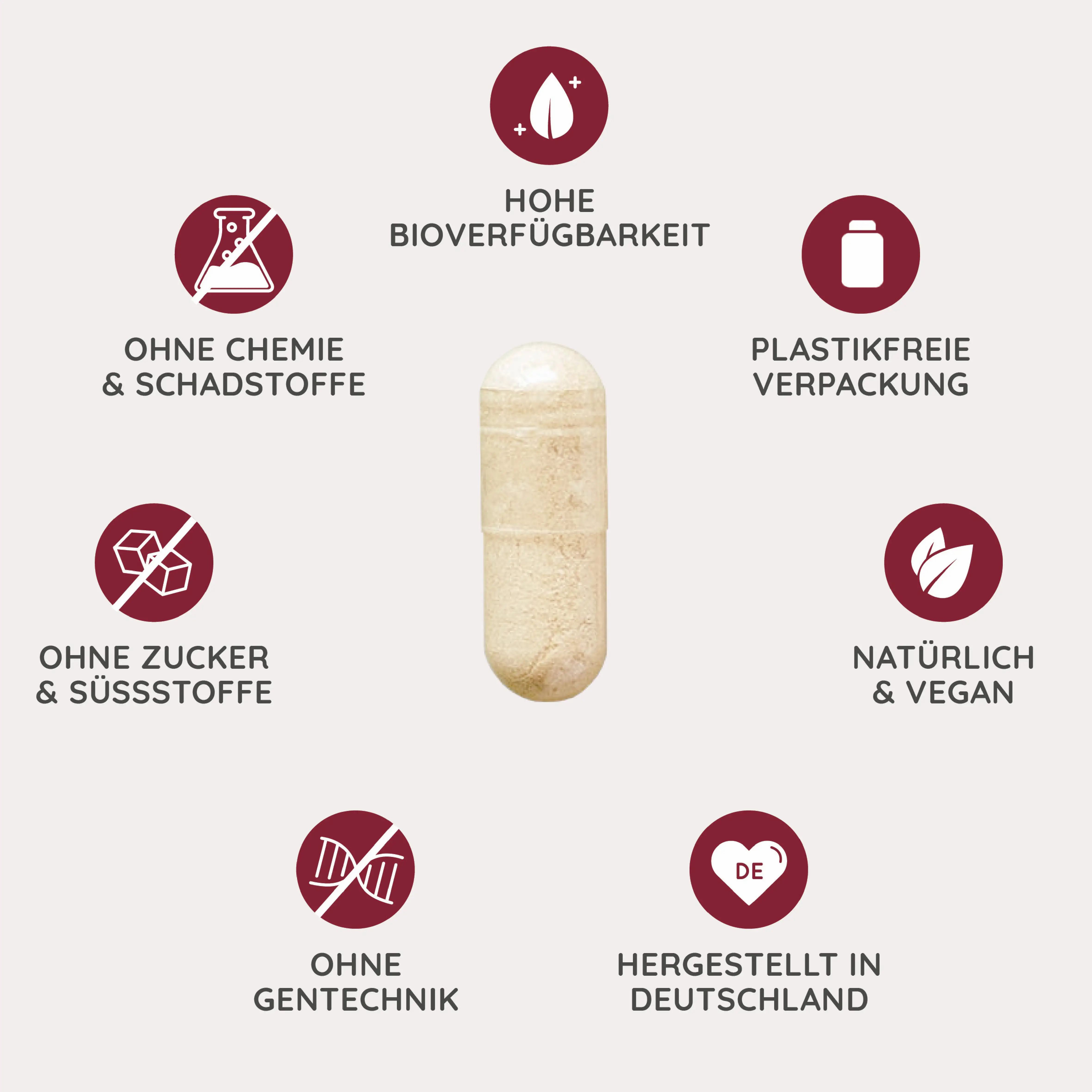 Gélule au centre, entourée de cercles rouges avec du texte. Sans produits chimiques, sucre, OGM, etc. Ingrédients naturels.