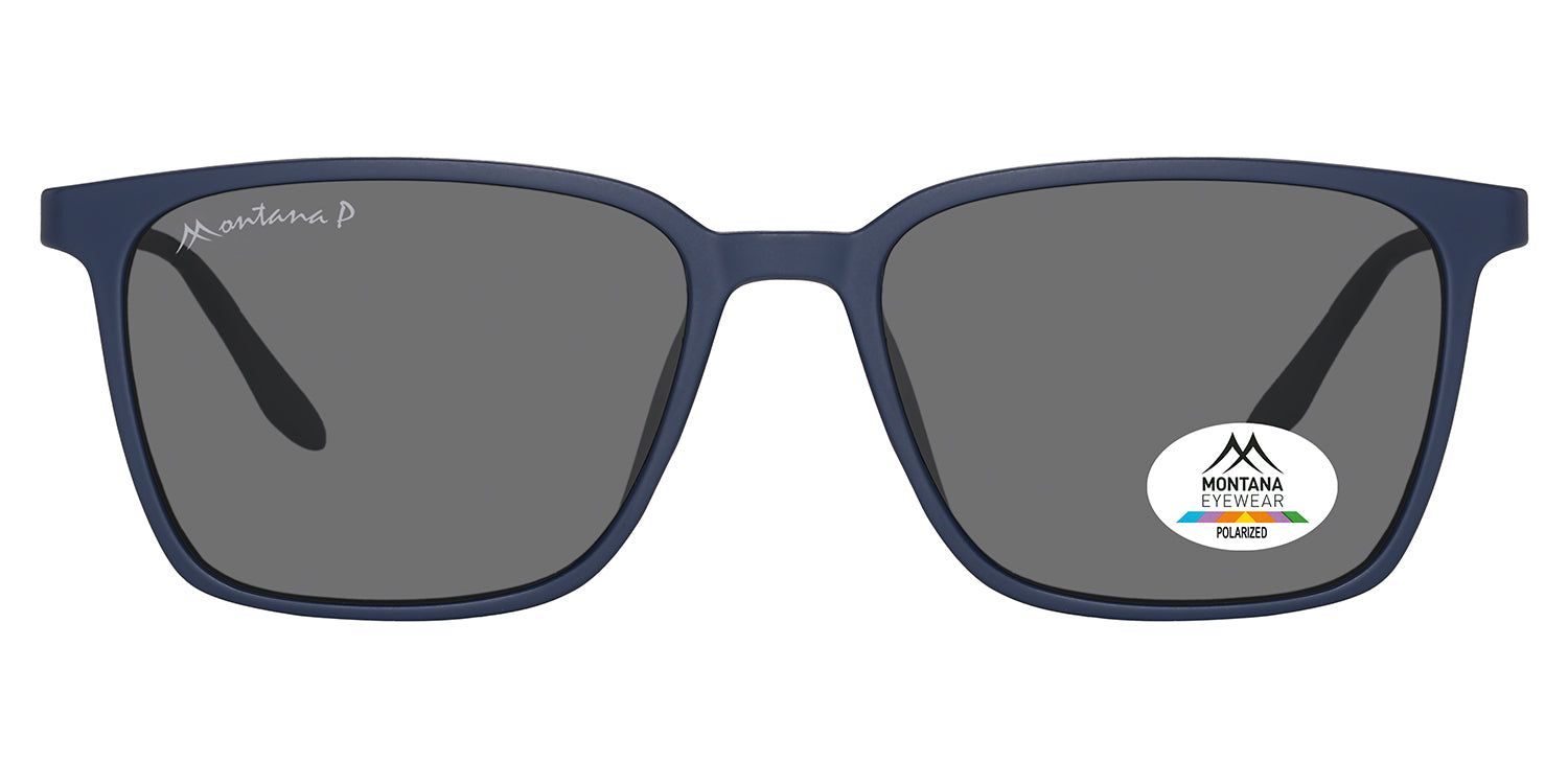 Lunettes de soleil bleues avec verres gris. Logo Montana Eyewear sur la branche et le verre. Verres polarisés.