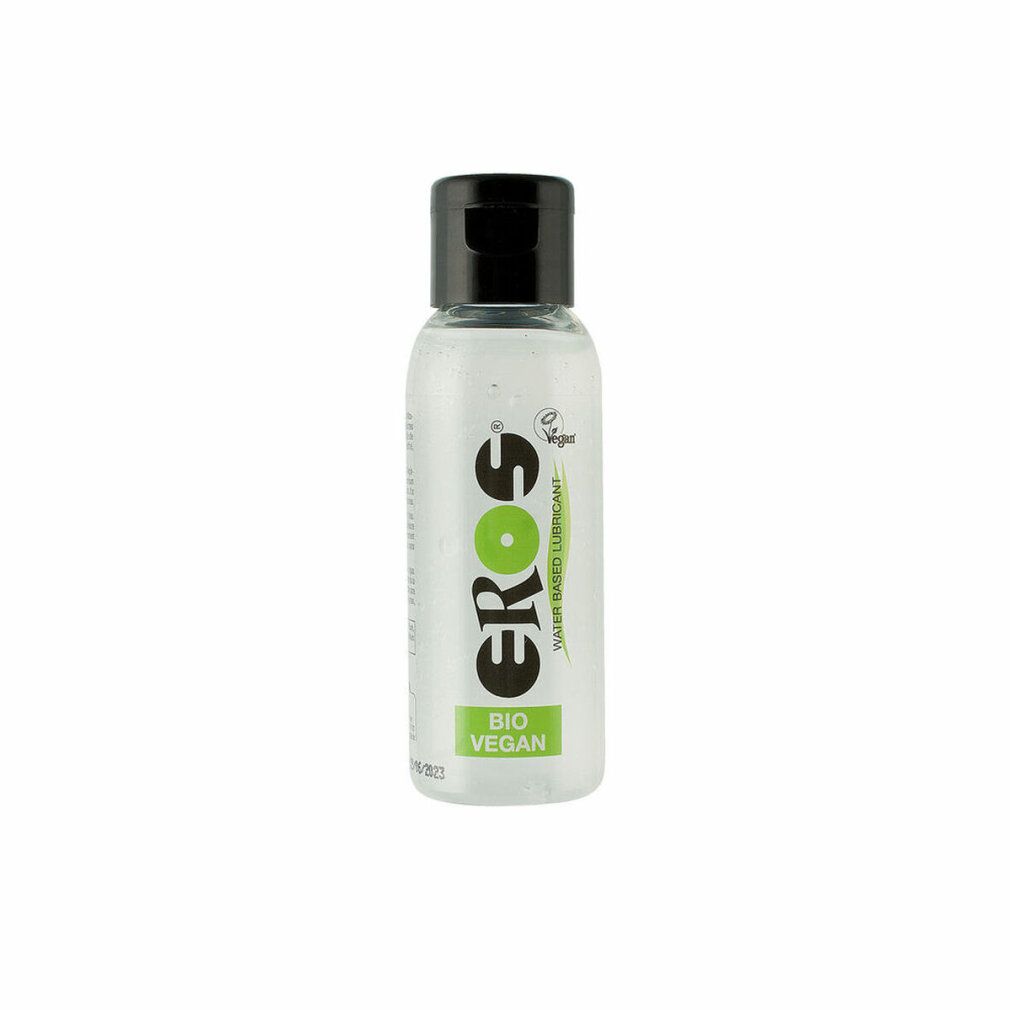 Flacon transparent avec bouchon noir. Inscription EROS, BIO VEGAN. Label Vegan.