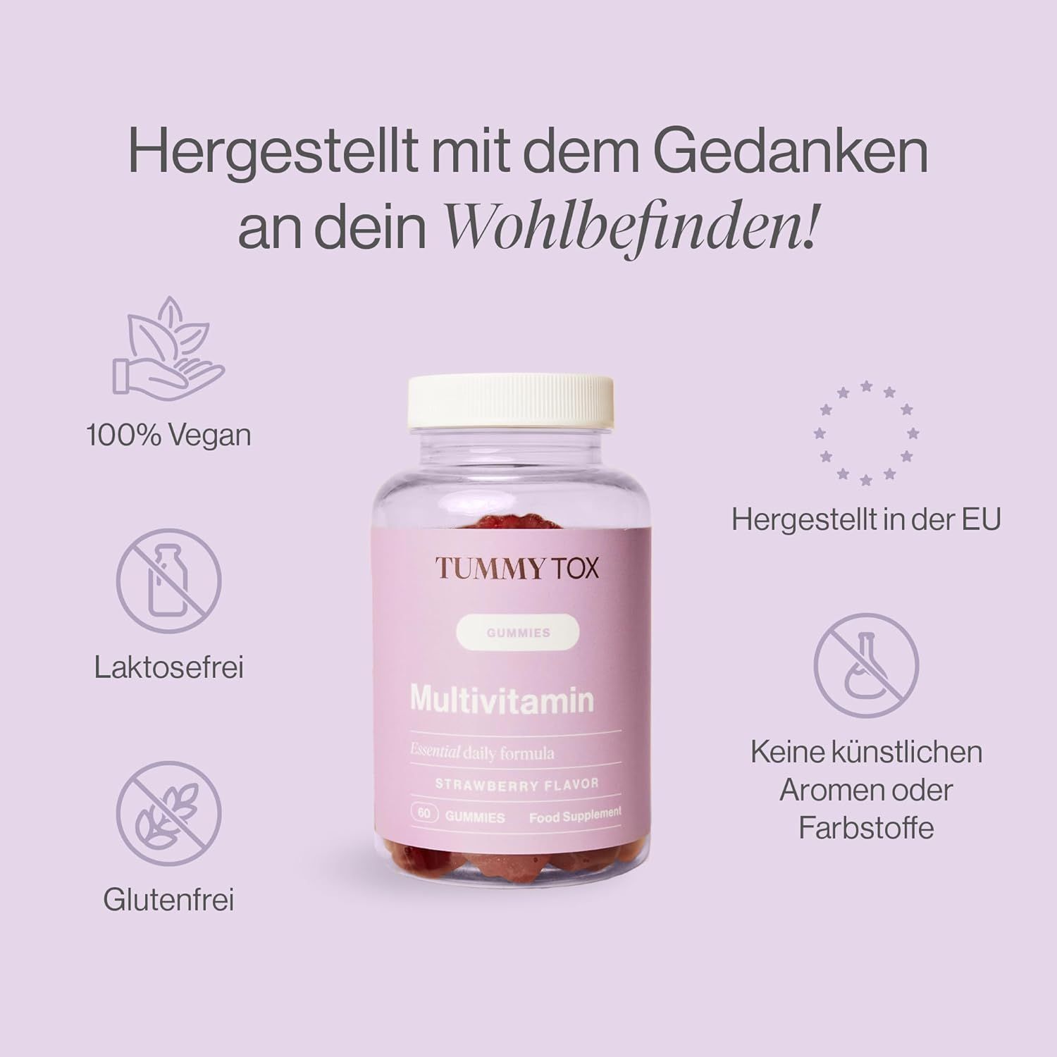 Bouteille de gommes multivitamines. Texte : Tummy Tox, Vegan, Sans lactose, Sans gluten, Fabriqué en UE, Sans arômes ni colorants artificiels.