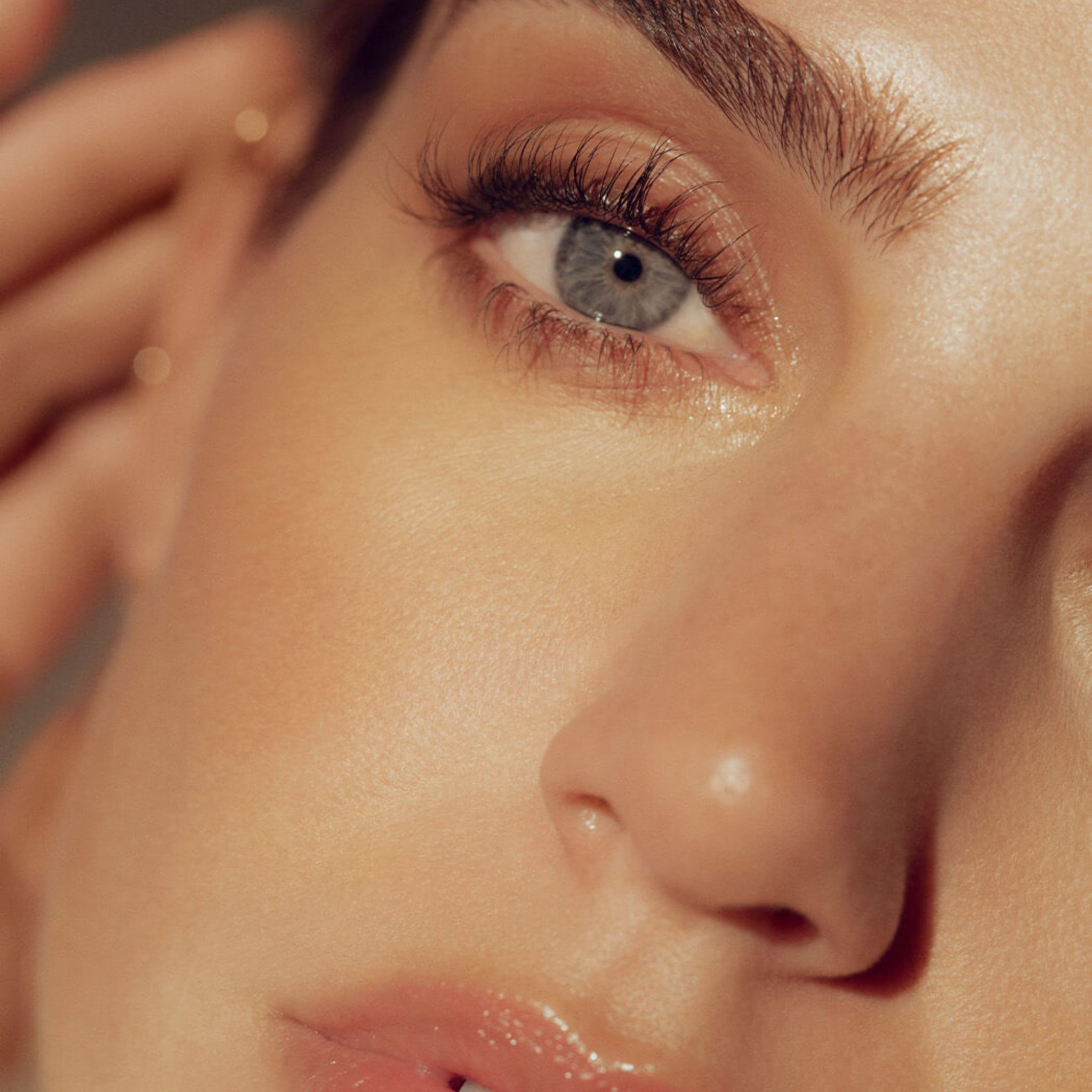 Gros plan d'un œil avec cils et sourcils parfaitement définis.