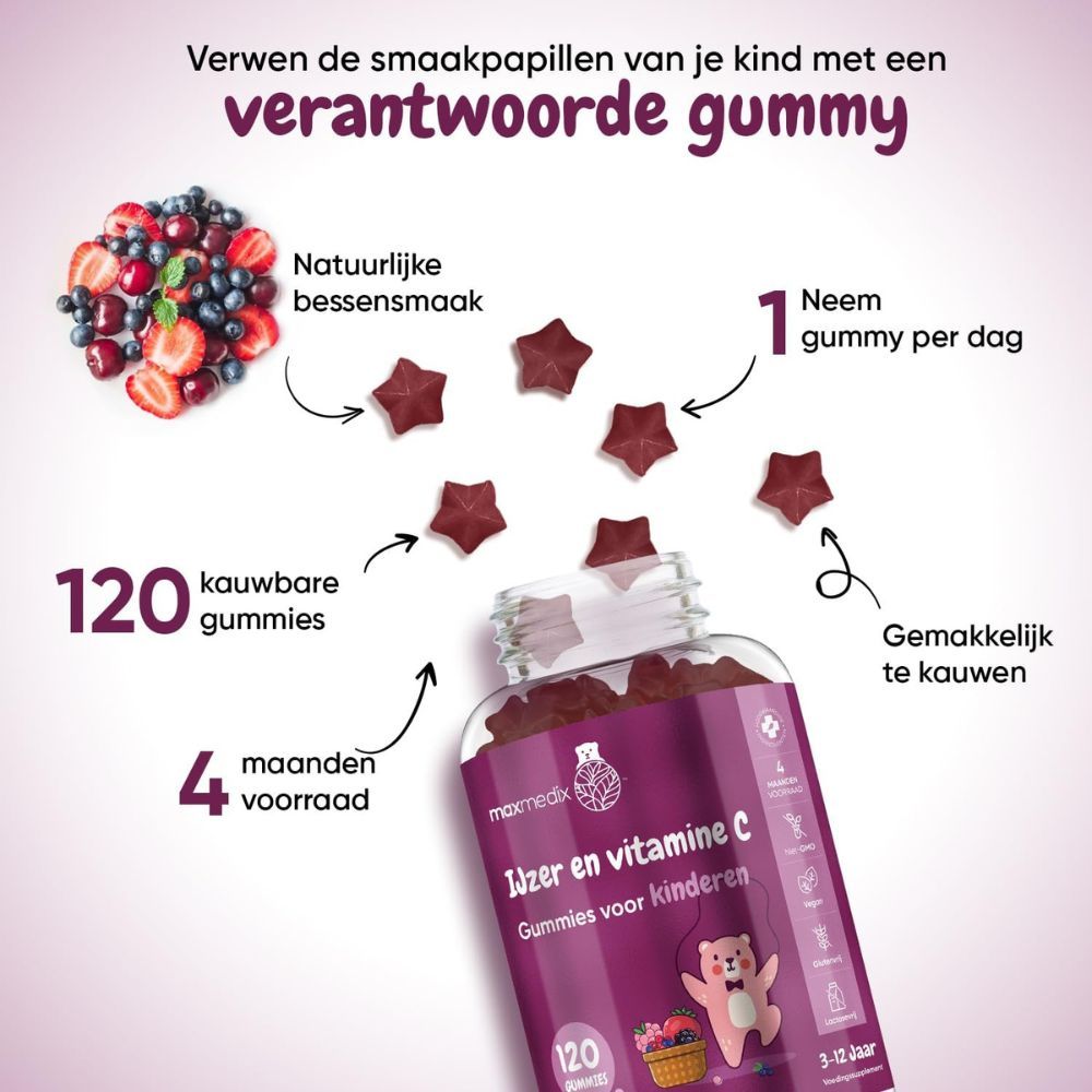 Gummies in ster vorm. Opschrift: IJzer & Vitamine C voor kinderen. 120 gummies. 4 maanden voorraad. Gemakkelijk te kauwen.