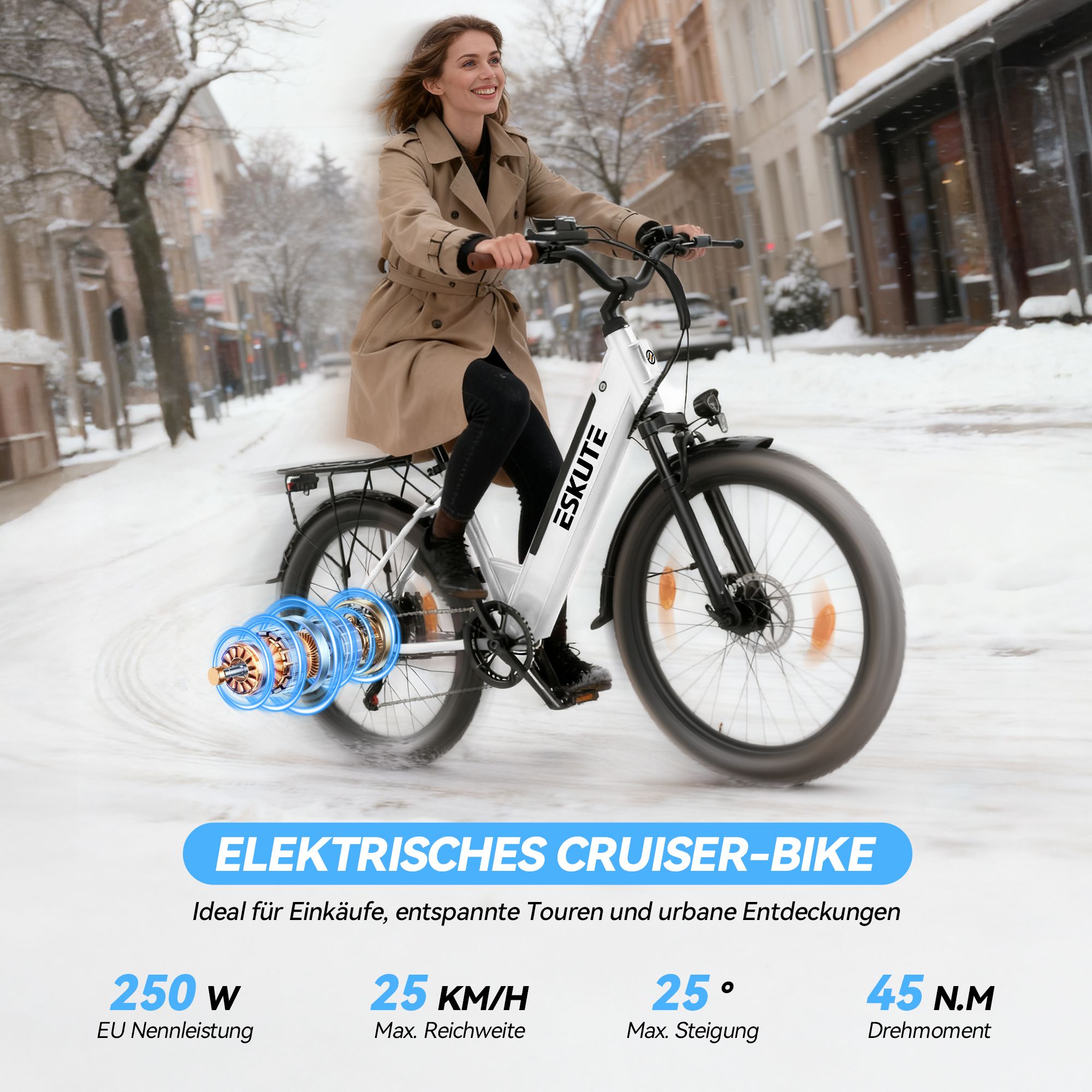Vrouw op elektrische cruiserfiets. Tekst: Elektrische cruiserfiets. 250W, 25 KM/H, 25°, 45 N.M. Koppel.