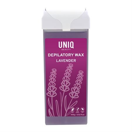 Cartouche de cire dépilatoire UNIQ BEAUTY Lavande avec motif lavande et indication 100g/3.52oz.