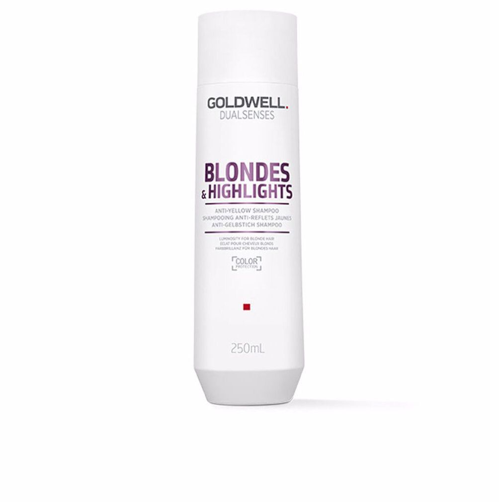 Flacon blanc avec texte violet Goldwell Blondes & Highlights Anti-Yellow Shampoo. 250ml. Color Protection.