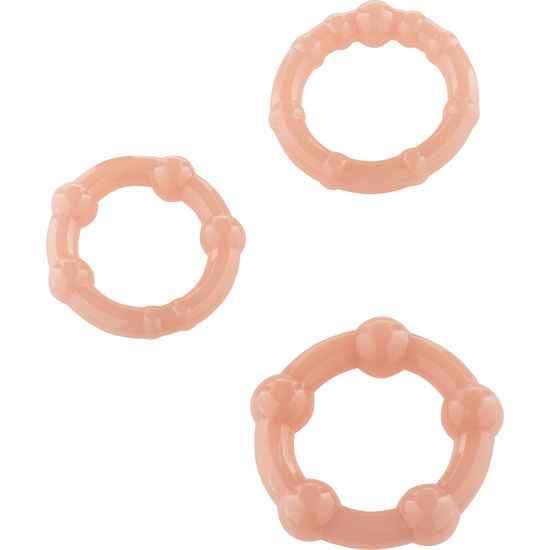 Drie roze jelly penisringen in verschillende maten met nopjes.