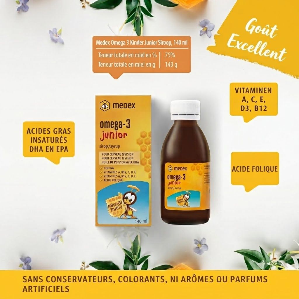 Medex Omega-3 Junior Sirop, flacon et boîte de 140 ml. Contient des vitamines A, C, E, D3, B12 et de l'acide folique.