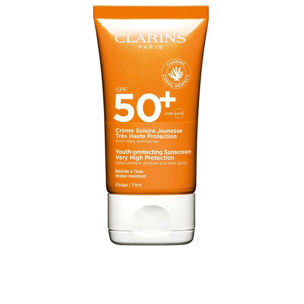Clarins zonnecrème SPF 50+ gezicht. Oranje tube, witte dop, koraal logo.
