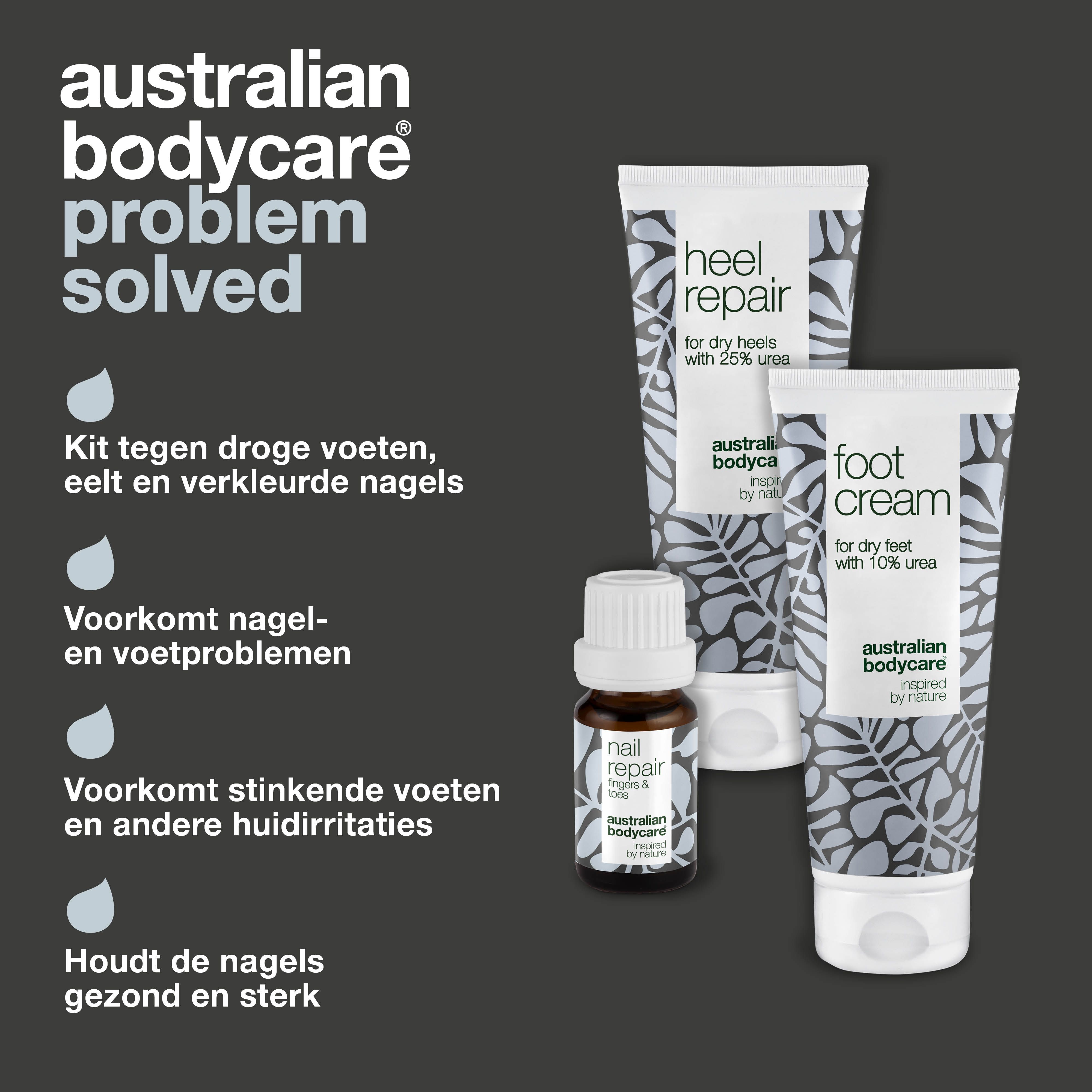 Drie producten: Heel Repair, Foot Cream, Nail Repair. Opschrift: Australian Bodycare. Tekst: Probleem opgelost.