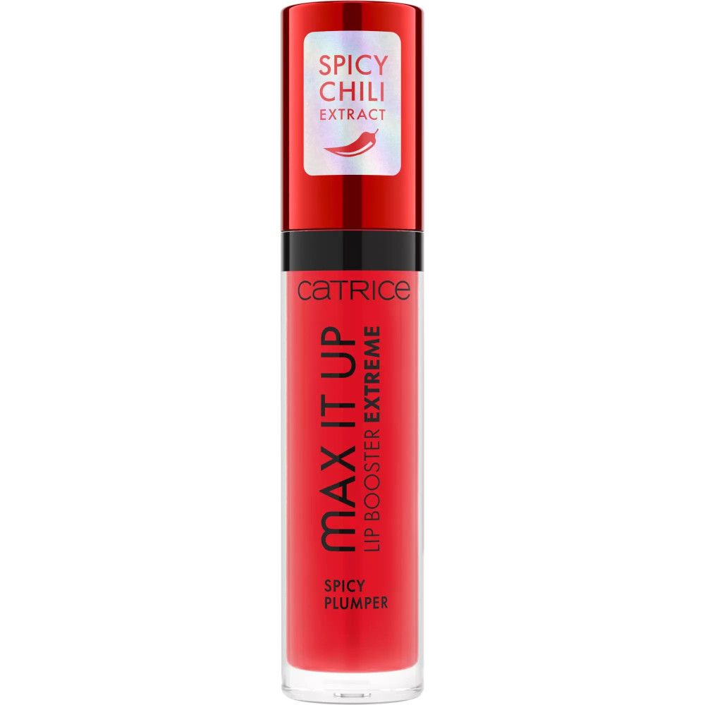 Rode lipgloss. Opschrift: CATRICE, MAX IT UP, LIP BOOSTER EXTREME, SPICY PLUMPER. Op de dop: SPICY CHILI EXTRACT.