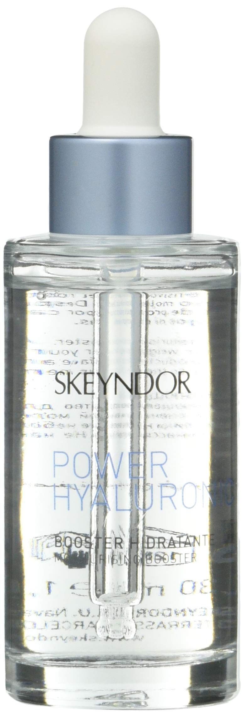 Glazen fles met pipet. Opschrift Skeyndor, Power Hyaluronic. Vloeistof zichtbaar.