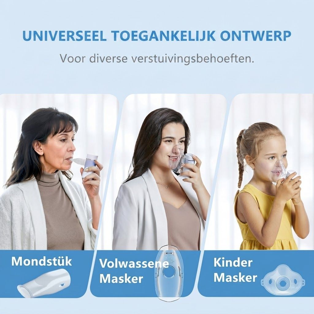 Een vrouw van middelbare leeftijd gebruikt een inhalator met mondstuk.