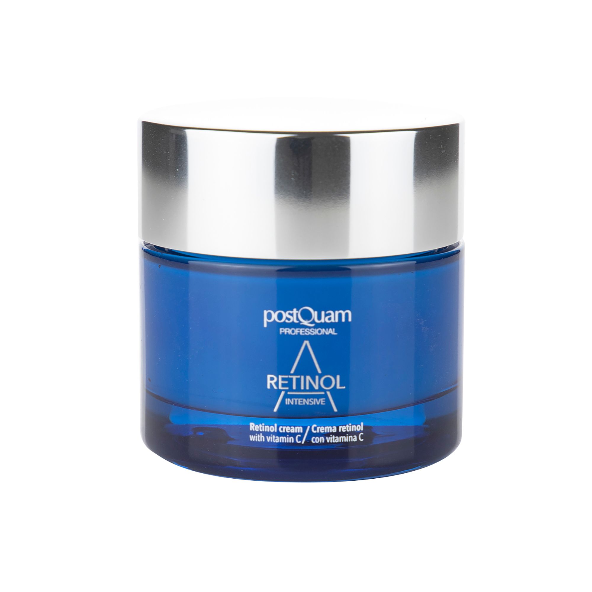 Blauwe crèmepot met zilveren deksel. Opschrift: Retinol Intensive, Retinol cream with vitamin C.